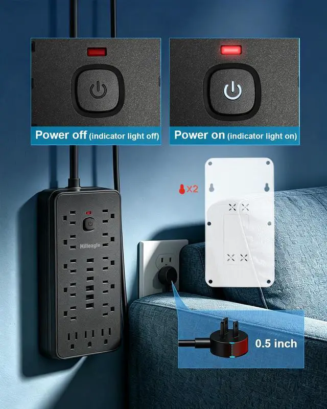 Alt view image 5 of 7 - Power Strip Surge Protector, 6 Ft Flat Plug Extension Cord, 13 Multiple AC Outlets with 6 USB Ports (3 USB C), FCC Certified for Home, Office, Dorm Essentials, 2000 Joules, Black
