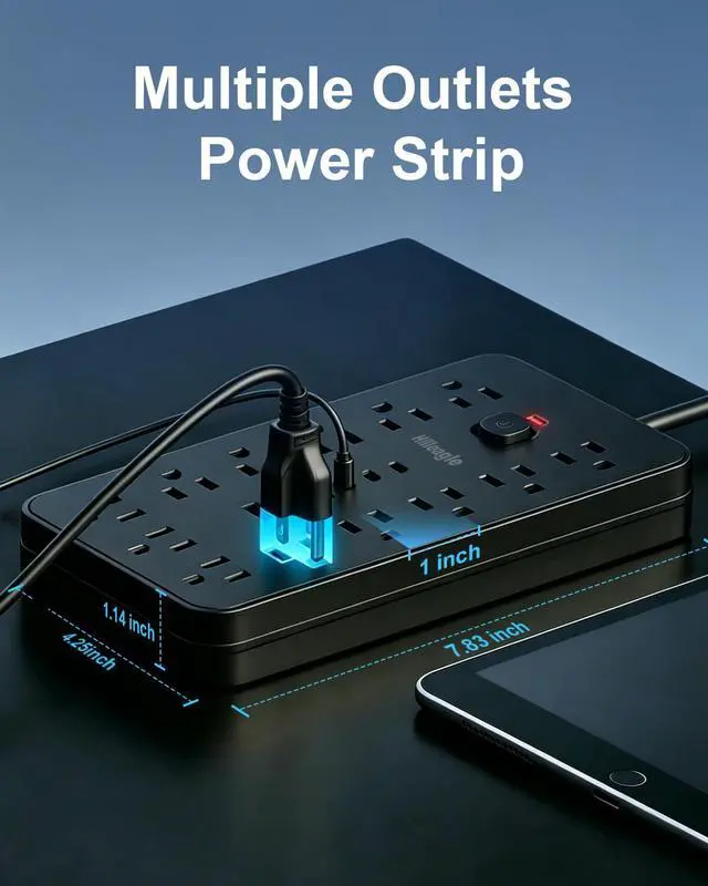 Alt view image 6 of 7 - Power Strip Surge Protector, 6 Ft Flat Plug Extension Cord, 13 Multiple AC Outlets with 6 USB Ports (3 USB C), FCC Certified for Home, Office, Dorm Essentials, 2000 Joules, Black