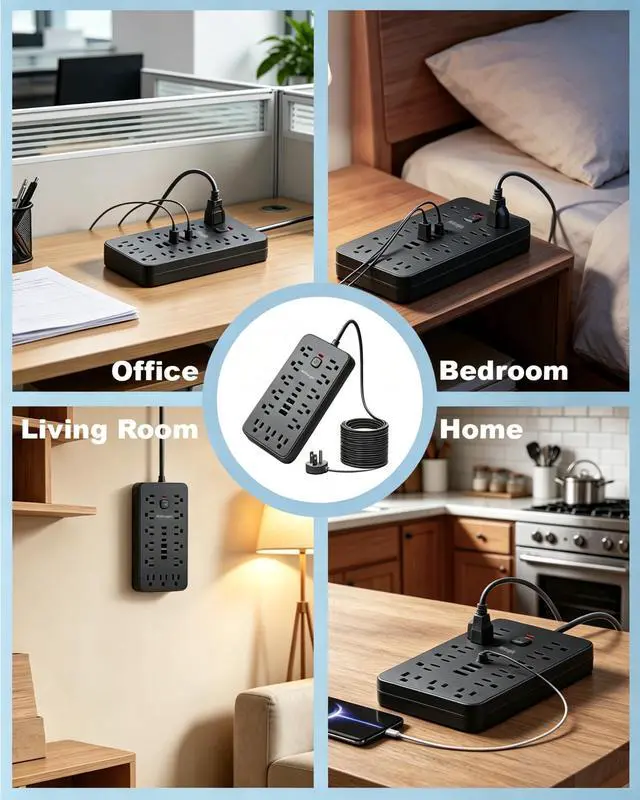 Alt view image 7 of 7 - Power Strip Surge Protector, 6 Ft Flat Plug Extension Cord, 13 Multiple AC Outlets with 6 USB Ports (3 USB C), FCC Certified for Home, Office, Dorm Essentials, 2000 Joules, Black
