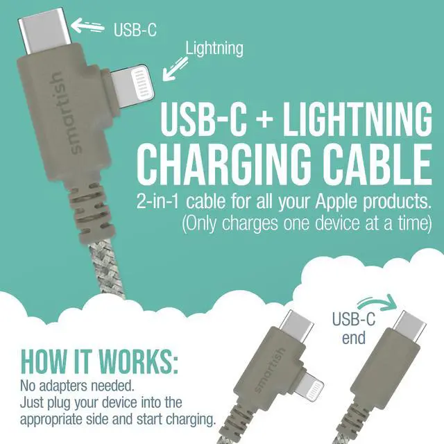 Alt view image 2 of 6 - Smartish 2 in 1 USB C to USB C/Lightning Cable - Crown Joule - 6 Ft Fabric Wrapped Fast Charging Cord - for iPhone, Galaxy, Pixel - 100W Dual Fast Charger for Phones/Laptops - Lightly Toasted Beige