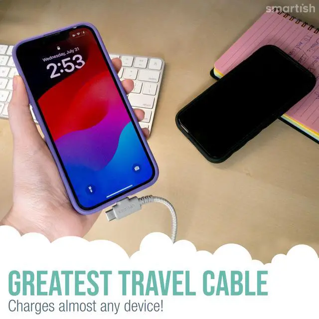 Alt view image 3 of 6 - Smartish 2 in 1 USB C to USB C/Lightning Cable - Crown Joule - 6 Ft Fabric Wrapped Fast Charging Cord - for iPhone, Galaxy, Pixel - 100W Dual Fast Charger for Phones/Laptops - Lightly Toasted Beige