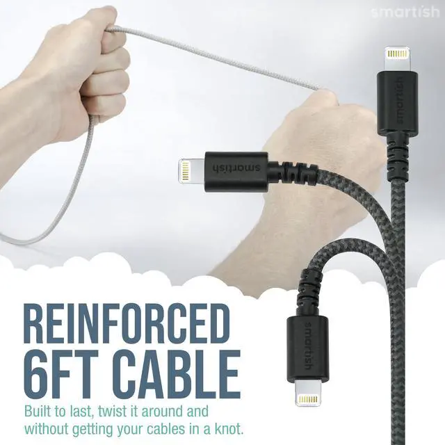 Alt view image 4 of 6 - Smartish 2 in 1 USB C to USB C/Lightning Cable - Crown Joule - 6 Ft Fabric Wrapped Fast Charging Cord - for iPhone, Galaxy, Pixel - 100W Dual Fast Charger for Phones/Laptops - Lightly Toasted Beige