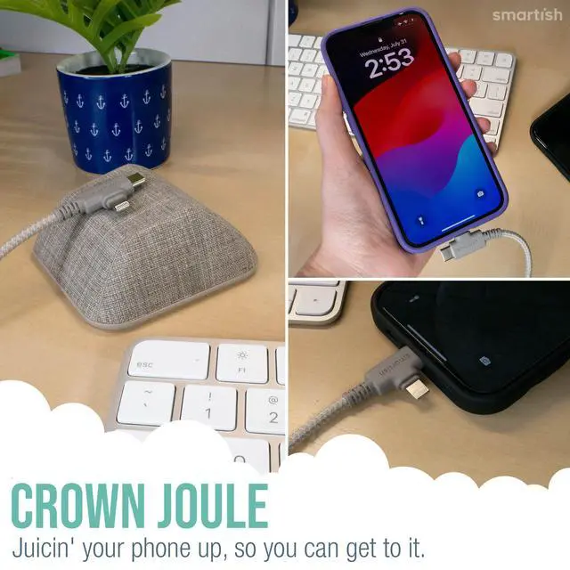 Alt view image 6 of 6 - Smartish 2 in 1 USB C to USB C/Lightning Cable - Crown Joule - 6 Ft Fabric Wrapped Fast Charging Cord - for iPhone, Galaxy, Pixel - 100W Dual Fast Charger for Phones/Laptops - Lightly Toasted Beige