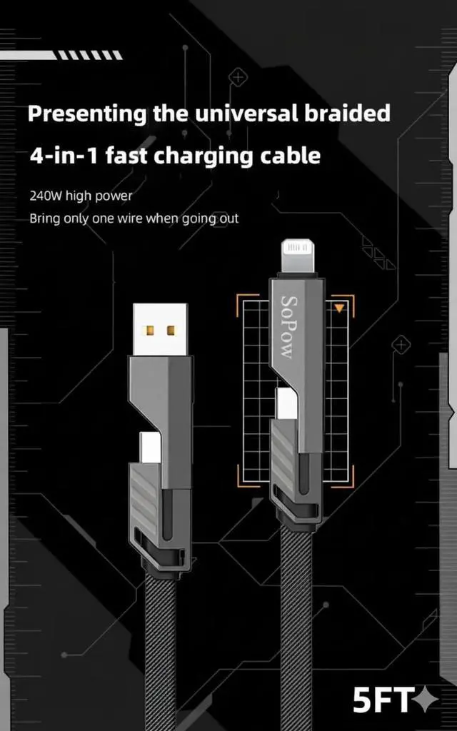 Alt view image 2 of 7 - SoPow 5FT Flat Nylon Braided USB C to C Cable 4-in-1 Multi-Adapter (C/A) 65W Max Fast Charging & Data Sync Cord, Compatible with iPhone 14 15 16 17 iPad MacBook Android