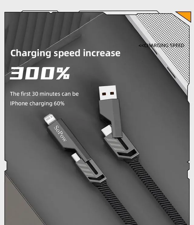 Alt view image 3 of 7 - SoPow 5FT Flat Nylon Braided USB C to C Cable 4-in-1 Multi-Adapter (C/A) 65W Max Fast Charging & Data Sync Cord, Compatible with iPhone 14 15 16 17 iPad MacBook Android
