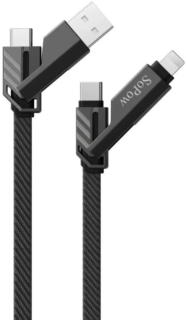 Main image of SoPow 1FT Flat Nylon Braided USB C to C Cable, 4-in-1 Multi-Adapter (C/A) 65W Max Fast Charging & Data Sync Cord Compatible with iPhone 14 15 16 17 iPad MacBook Android Power Bank