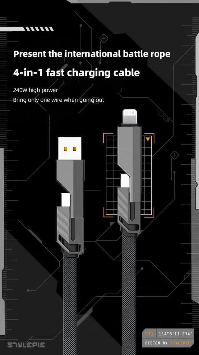 Alt view image 2 of 7 - SoPow 1FT Flat Nylon Braided USB C to C Cable, 4-in-1 Multi-Adapter (C/A) 65W Max Fast Charging & Data Sync Cord Compatible with iPhone 14 15 16 17 iPad MacBook Android Power Bank