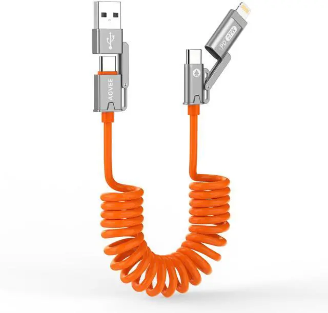 Main image of AGVEE 5ft 4-in-1 Coiled Multi Charging Charger Data Transfer Cable | Secure-Slide No-Loss Adapters, Slim Tips Fit Thick Cases, Lightning End Reinforced, PD 60W for iPhone Carplay, Android Auto