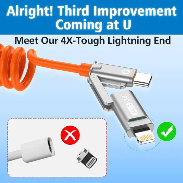 Alt view image 4 of 7 - AGVEE 5ft 4-in-1 Coiled Multi Charging Charger Data Transfer Cable | Secure-Slide No-Loss Adapters, Slim Tips Fit Thick Cases, Lightning End Reinforced, PD 60W for iPhone Carplay, Android Auto