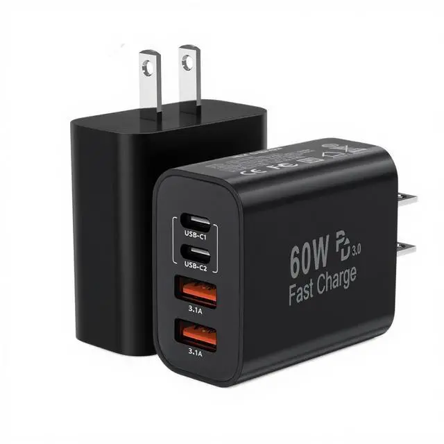 Main image of 60W USB C Charger Block,2Pack 4-Port GaN USB C Charger Fast Charging Wall Plug Dual Type C+Dual USB-A Port,Multiport Power Adapter Cube for iPhone 17 Pro Max/16e/15/14/13/12/11,iPad Pro/Air/Mini-Black