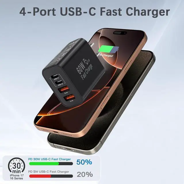 Alt view image 2 of 7 - 60W USB C Charger Block,2Pack 4-Port GaN USB C Charger Fast Charging Wall Plug Dual Type C+Dual USB-A Port,Multiport Power Adapter Cube for iPhone 17 Pro Max/16e/15/14/13/12/11,iPad Pro/Air/Mini-Black