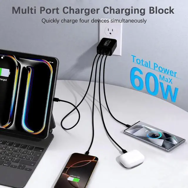 Alt view image 3 of 7 - 60W USB C Charger Block,2Pack 4-Port GaN USB C Charger Fast Charging Wall Plug Dual Type C+Dual USB-A Port,Multiport Power Adapter Cube for iPhone 17 Pro Max/16e/15/14/13/12/11,iPad Pro/Air/Mini-Black