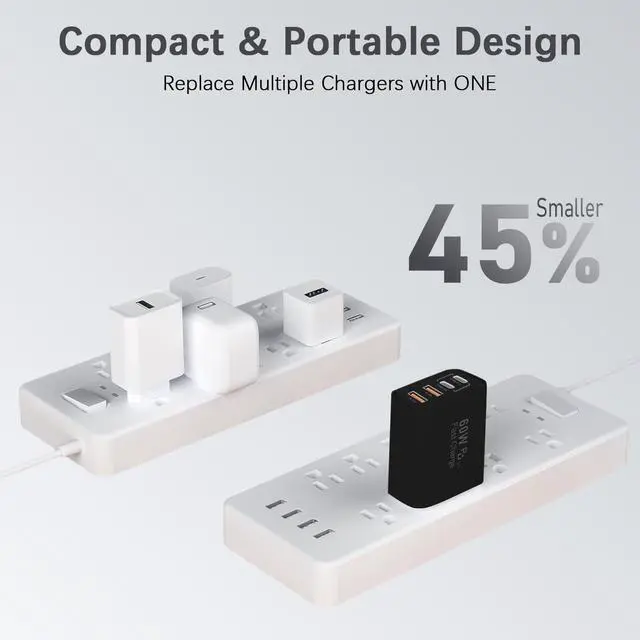 Alt view image 5 of 7 - 60W USB C Charger Block,2Pack 4-Port GaN USB C Charger Fast Charging Wall Plug Dual Type C+Dual USB-A Port,Multiport Power Adapter Cube for iPhone 17 Pro Max/16e/15/14/13/12/11,iPad Pro/Air/Mini-Black