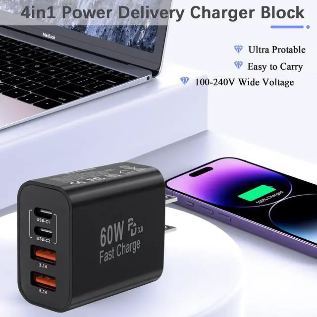 Alt view image 7 of 7 - 60W USB C Charger Block,2Pack 4-Port GaN USB C Charger Fast Charging Wall Plug Dual Type C+Dual USB-A Port,Multiport Power Adapter Cube for iPhone 17 Pro Max/16e/15/14/13/12/11,iPad Pro/Air/Mini-Black