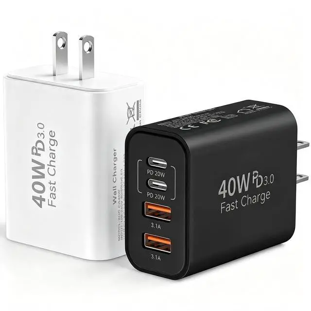 Main image of USB C Wall Fast Charger Block, 40W 4-Port Type C Chargers Fast Charging Blocks PD Power Charger Adapter+QC 3.0 USB Multiport Charger Brick for Phone 17/16/15/14/13/12 Pro Max, i-Pad, Galaxy S25-2Pack