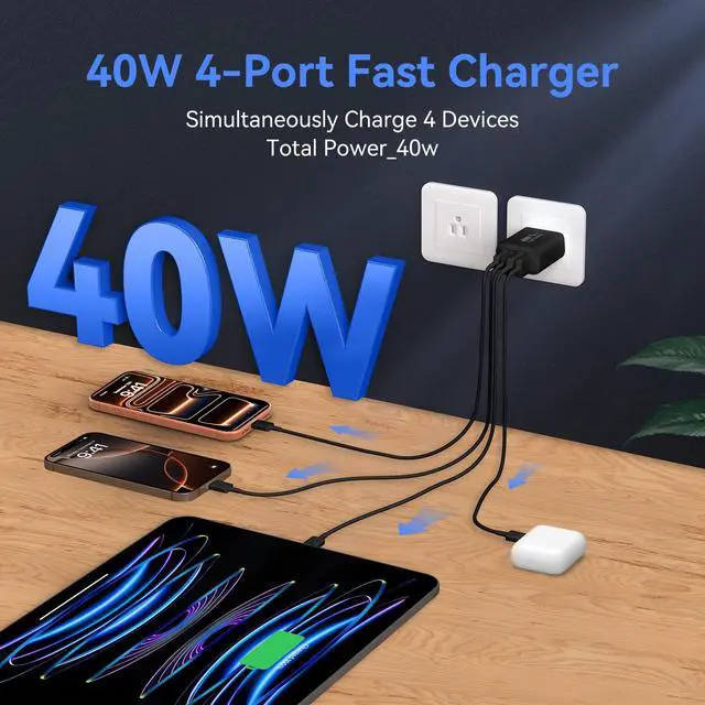 Alt view image 3 of 7 - USB C Wall Fast Charger Block, 40W 4-Port Type C Chargers Fast Charging Blocks PD Power Charger Adapter+QC 3.0 USB Multiport Charger Brick for Phone 17/16/15/14/13/12 Pro Max, i-Pad, Galaxy S25-2Pack