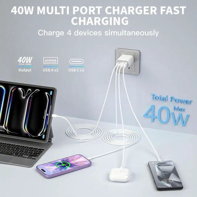 Alt view image 3 of 7 - 40W Fast USB C Charger, 2Pack USB Charger Fast Charging 4Port Dual USB C Wall Charge Block 2USB A MultiPort PD&QC Adapter with 10FT Long USBC-C Cables for iPhone Air/17Pro Max/16e/16/15/iPad Pro/Air