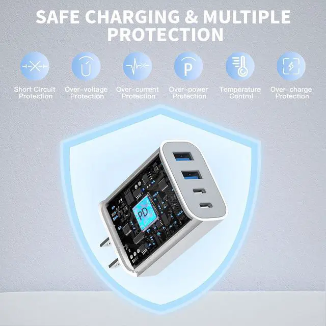 Alt view image 4 of 7 - 40W Fast USB C Charger, 2Pack USB Charger Fast Charging 4Port Dual USB C Wall Charge Block 2USB A MultiPort PD&QC Adapter with 10FT Long USBC-C Cables for iPhone Air/17Pro Max/16e/16/15/iPad Pro/Air