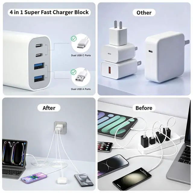 Alt view image 5 of 7 - 40W Fast USB C Charger, 2Pack USB Charger Fast Charging 4Port Dual USB C Wall Charge Block 2USB A MultiPort PD&QC Adapter with 10FT Long USBC-C Cables for iPhone Air/17Pro Max/16e/16/15/iPad Pro/Air