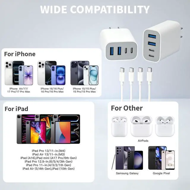 Alt view image 6 of 7 - 40W Fast USB C Charger, 2Pack USB Charger Fast Charging 4Port Dual USB C Wall Charge Block 2USB A MultiPort PD&QC Adapter with 10FT Long USBC-C Cables for iPhone Air/17Pro Max/16e/16/15/iPad Pro/Air