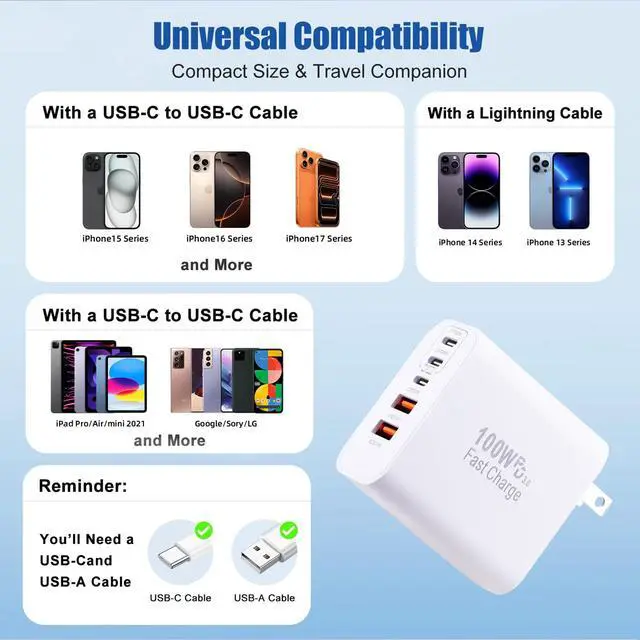 Alt view image 3 of 7 - Super Fast USB C Charger Block,100W 5-Port USB C Phone Charger Power Adapter Plug,2Pack Multiport Type C Wall Charger Cubes for iPhone 17 Pro Max/17 Pro/17 Air,16 Pro/16e/15 Plus,MacBook,Android Phone