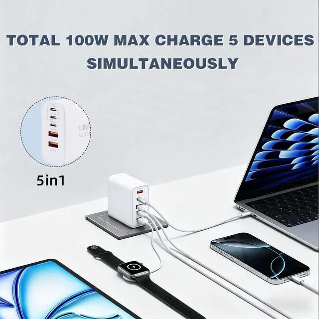 Alt view image 4 of 7 - Super Fast USB C Charger Block,100W 5-Port USB C Phone Charger Power Adapter Plug,2Pack Multiport Type C Wall Charger Cubes for iPhone 17 Pro Max/17 Pro/17 Air,16 Pro/16e/15 Plus,MacBook,Android Phone