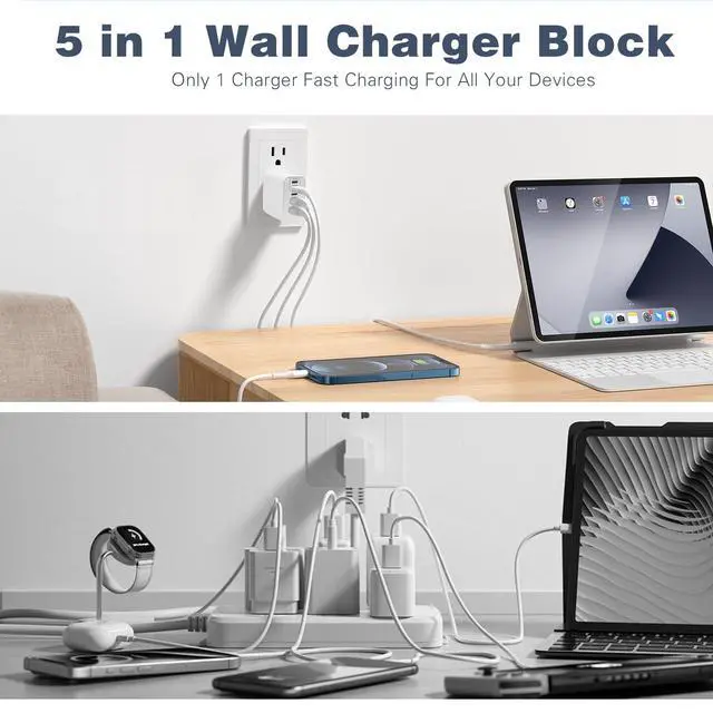 Alt view image 6 of 7 - Super Fast USB C Charger Block,100W 5-Port USB C Phone Charger Power Adapter Plug,2Pack Multiport Type C Wall Charger Cubes for iPhone 17 Pro Max/17 Pro/17 Air,16 Pro/16e/15 Plus,MacBook,Android Phone