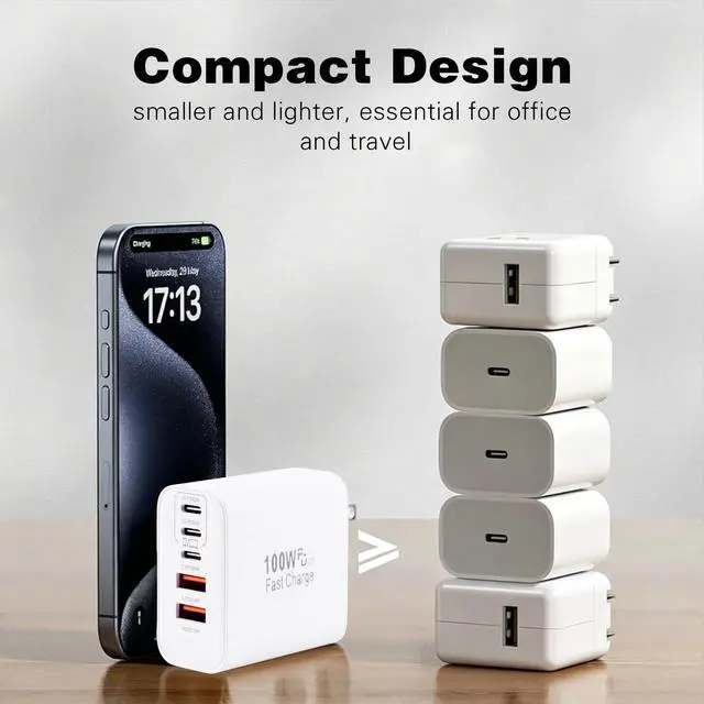 Alt view image 7 of 7 - Super Fast USB C Charger Block,100W 5-Port USB C Phone Charger Power Adapter Plug,2Pack Multiport Type C Wall Charger Cubes for iPhone 17 Pro Max/17 Pro/17 Air,16 Pro/16e/15 Plus,MacBook,Android Phone