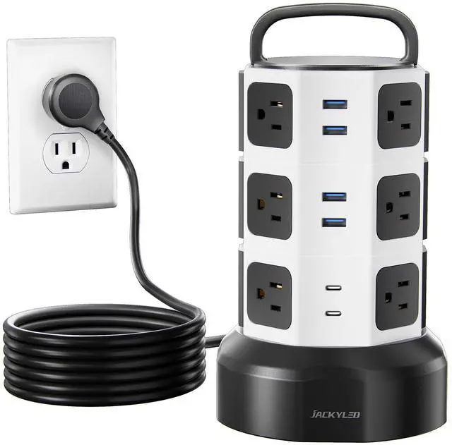 Main image of JACKYLED Power Strip Tower Surge Protector, 12 AC 6 USB (2 USB C), 1050J | 10Ft Retractable Extension Cord with Multiple Outlets, 1625W/13A Outlet Extender, USB Charging Station for Home Office Dorm