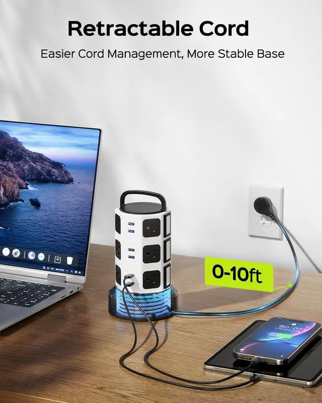 Alt view image 3 of 7 - JACKYLED Power Strip Tower Surge Protector, 12 AC 6 USB (2 USB C), 1050J | 10Ft Retractable Extension Cord with Multiple Outlets, 1625W/13A Outlet Extender, USB Charging Station for Home Office Dorm