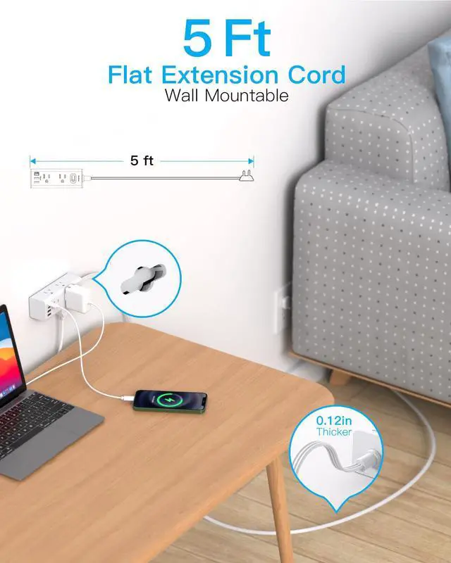 Alt view image 2 of 7 - 5Ft Extension Cord with Multiple Outlets, Flat Plug Power Strip Surge Protector with 5 Ft Long Cord, 6 Outlet 4 USB Ports (2 USB C), Multi Outlet Wall Plug for Travel, College, Dorm Room Essentials
