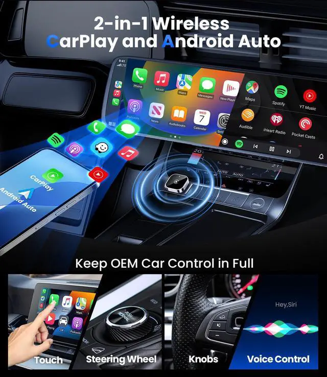 Alt view image 3 of 7 - Teeran 2 in 1 Wireless CarPlay and Android Auto Adapter | Easy Setup Plug and Play, Fast Seamless Use, Supports 1000+ Cars with Built-in Wired Car Play/Android Auto, Compact Design