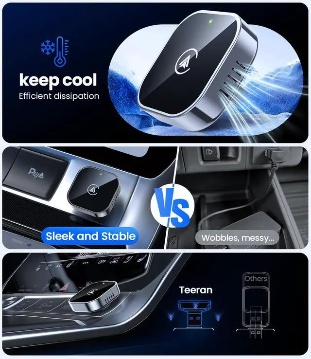 Alt view image 5 of 7 - Teeran 2 in 1 Wireless CarPlay and Android Auto Adapter | Easy Setup Plug and Play, Fast Seamless Use, Supports 1000+ Cars with Built-in Wired Car Play/Android Auto, Compact Design