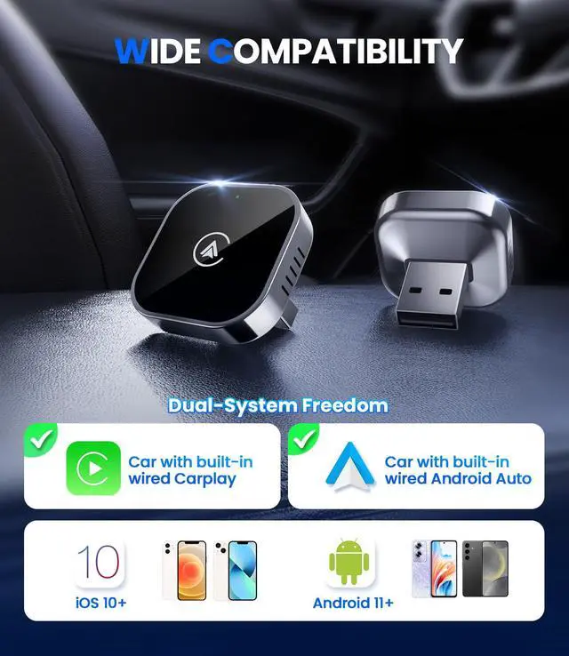 Alt view image 7 of 7 - Teeran 2 in 1 Wireless CarPlay and Android Auto Adapter | Easy Setup Plug and Play, Fast Seamless Use, Supports 1000+ Cars with Built-in Wired Car Play/Android Auto, Compact Design