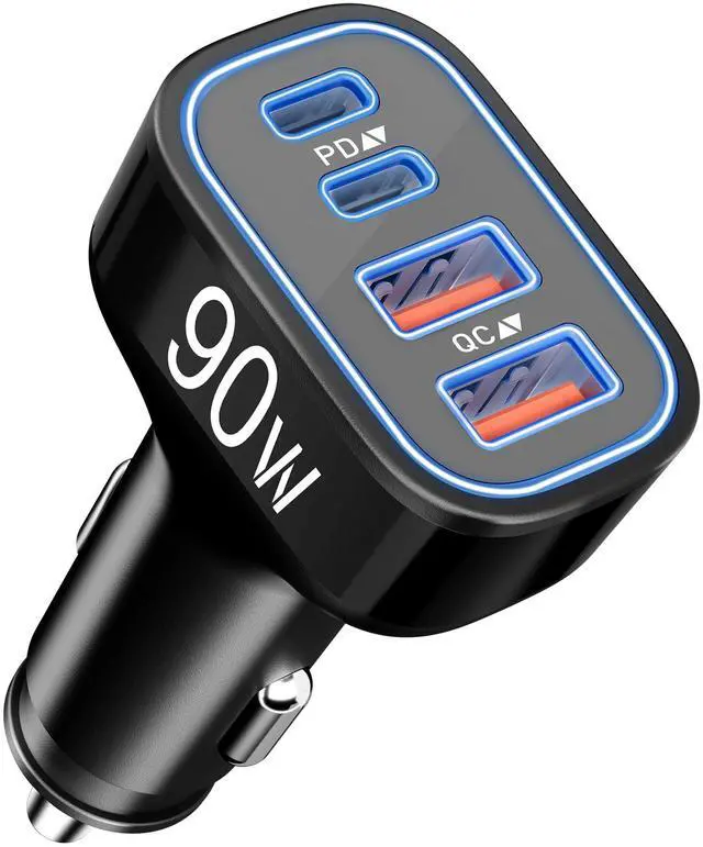 Main image of USB C Car Charger, 4-Port 90W Type C Super Fast Cigarette Lighter Adapter | Car Phone Charger Accessories, Cargador Para Carro, Fast Charging for iPhone 17 16 15 14 13 12 Pro Max, iPad, Galaxy