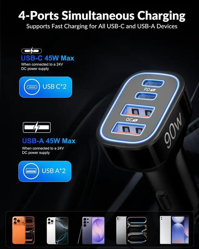 Alt view image 2 of 7 - USB C Car Charger, 4-Port 90W Type C Super Fast Cigarette Lighter Adapter | Car Phone Charger Accessories, Cargador Para Carro, Fast Charging for iPhone 17 16 15 14 13 12 Pro Max, iPad, Galaxy
