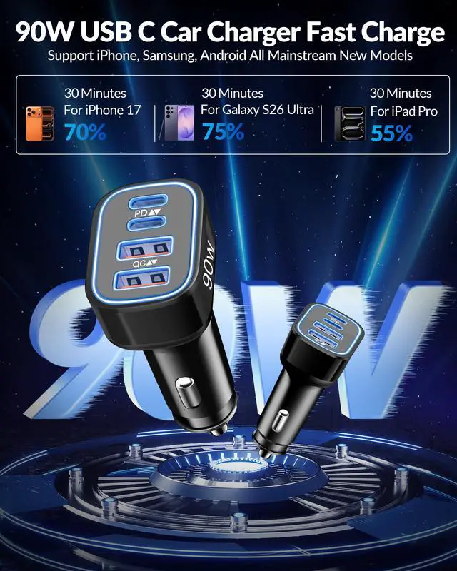 Alt view image 3 of 7 - USB C Car Charger, 4-Port 90W Type C Super Fast Cigarette Lighter Adapter | Car Phone Charger Accessories, Cargador Para Carro, Fast Charging for iPhone 17 16 15 14 13 12 Pro Max, iPad, Galaxy