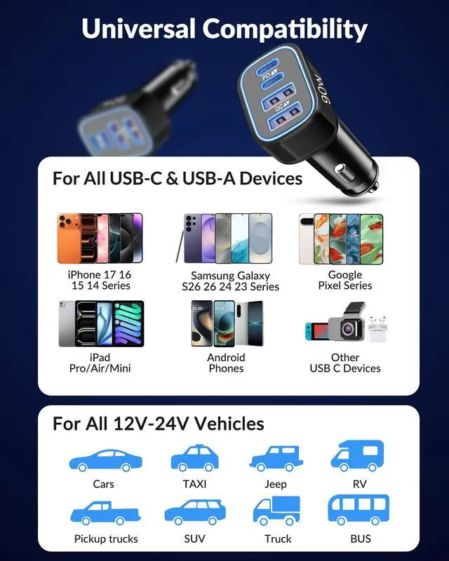 Alt view image 4 of 7 - USB C Car Charger, 4-Port 90W Type C Super Fast Cigarette Lighter Adapter | Car Phone Charger Accessories, Cargador Para Carro, Fast Charging for iPhone 17 16 15 14 13 12 Pro Max, iPad, Galaxy