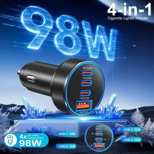 Alt view image 2 of 7 - Car Charger USB C, 98W 4-Port Fast Car Phone Cigarette Lighter USB Charger | Multiport 12V-24V USB Outlet,Car Adapter Plug,for iPhone 17/16/15 Pro Max,Galaxy S26/S25/S24 Ultra,Tablet, Android(Black)
