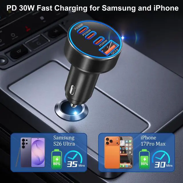 Alt view image 3 of 7 - Car Charger USB C, 98W 4-Port Fast Car Phone Cigarette Lighter USB Charger | Multiport 12V-24V USB Outlet,Car Adapter Plug,for iPhone 17/16/15 Pro Max,Galaxy S26/S25/S24 Ultra,Tablet, Android(Black)