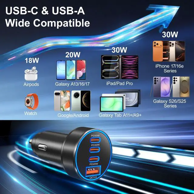 Alt view image 6 of 7 - Car Charger USB C, 98W 4-Port Fast Car Phone Cigarette Lighter USB Charger | Multiport 12V-24V USB Outlet,Car Adapter Plug,for iPhone 17/16/15 Pro Max,Galaxy S26/S25/S24 Ultra,Tablet, Android(Black)