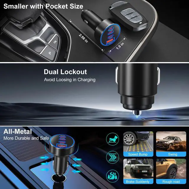 Alt view image 4 of 7 - Car Charger USB C, 98W 4-Port Fast Car Phone Cigarette Lighter USB Charger | Multiport 12V-24V USB Outlet,Car Adapter Plug,for iPhone 17/16/15 Pro Max,Galaxy S26/S25/S24 Ultra,Tablet, Android(Black)