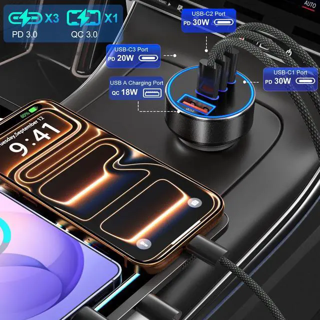 Alt view image 5 of 7 - Car Charger USB C, 98W 4-Port Fast Car Phone Cigarette Lighter USB Charger | Multiport 12V-24V USB Outlet,Car Adapter Plug,for iPhone 17/16/15 Pro Max,Galaxy S26/S25/S24 Ultra,Tablet, Android(Black)