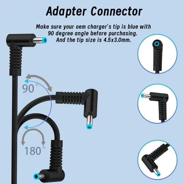 Alt view image 3 of 7 - 45W Laptop Charger Compatible with HP Pavilion Notebook Stream 14 13 11 Envy X360 L25296-001 L25296-002/003 TPN-LA15 Spare 741727-001 213349-109 R-41013323 TPN-CA14 19.5V 2.31A Blue Tip Power Adapter