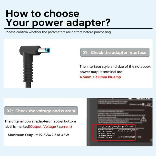Alt view image 3 of 7 - 45W 19.5V 2.31A Charger 741727-001 Fir for HP Pavilion 15 Stream 14 Series | HSTNN-CA40 213349-001 L25296-001 TPN-LA15 4.5mm × 3.0mm Blue Tip Laptop Power Adapter