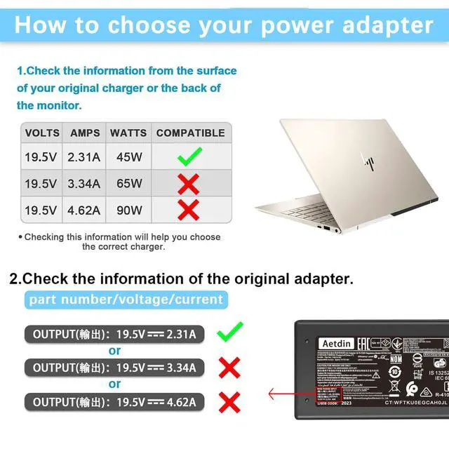 Alt view image 3 of 7 - 45W 19.5V 2.31A Charger Compatible with HP Pavilion Envy X360 TPN-CA14 r-41013153 15-f272wm 15-f387wm 15-ba009dx 15-dw0083wm 15-f222wm 213349-109 TPN-LA15 TPN-DA16 Laptop Power Adapter 4.5x3.0mm