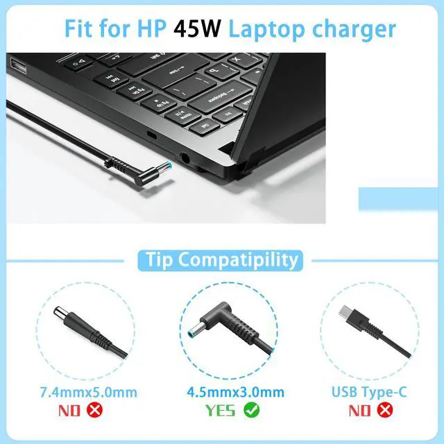 Alt view image 2 of 7 - 45W 19.5V 2.31A Charger Compatible with HP Pavilion Envy X360 TPN-CA14 r-41013153 15-f272wm 15-f387wm 15-ba009dx 15-dw0083wm 15-f222wm 213349-109 TPN-LA15 TPN-DA16 Laptop Power Adapter 4.5x3.0mm