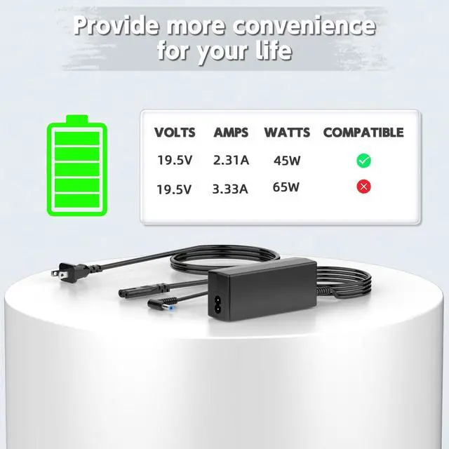 Alt view image 3 of 7 - Replacement 45W Charger Compatible with HP 15 15-dy Laptop Blue Tip | 45W power, 4.5x3.0mm Blue Tip. Fits HP 15-dy/dw series. 8.59ft extra long cord. WARNING: Not for 65W or USB-C laptops.