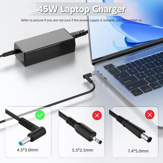 Alt view image 2 of 7 - Replacement 45W Charger Compatible with HP 15 15-dy Laptop Blue Tip | 45W power, 4.5x3.0mm Blue Tip. Fits HP 15-dy/dw series. 8.59ft extra long cord. WARNING: Not for 65W or USB-C laptops.