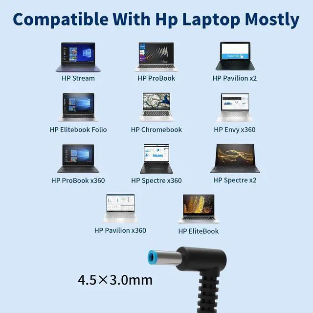 Alt view image 3 of 6 - 65W 45W Laptop Charger Compatible with HP Laptop Charger for Pavilion X360 | Envy13/15EliteBook/ProBook/Chromebook/Spectre, Smart Blue Tip 4.5mm AC Power Adapter, 19.5V 3.33A 710412-001 741727-001